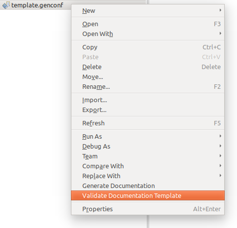 The Validate Documentation menu.