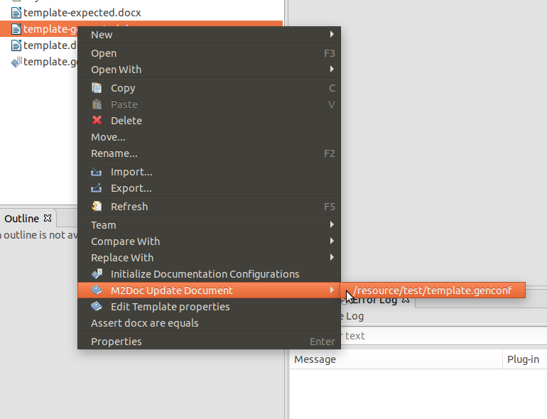 The M2Doc Generate Document menu. The M2Doc Update Document menu.